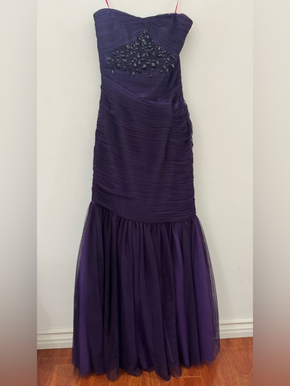 Monique Lhullier Strapless Purple Beaded Bodice Long Evening Gown, Size 4